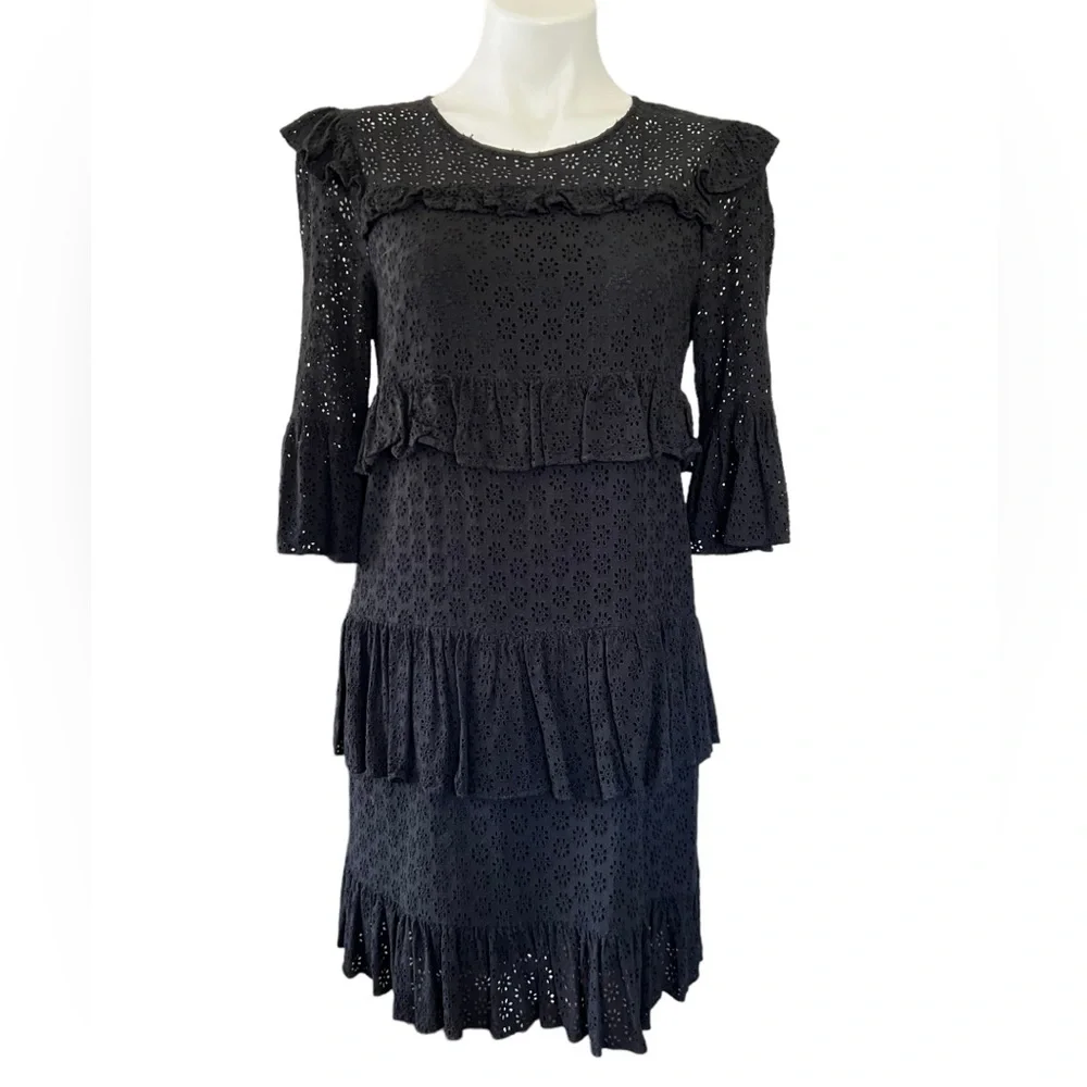 MADEWELL | Black‎ Eyelet Waterlily Ruffle Round Neck Tiered Mini Dress Size 6